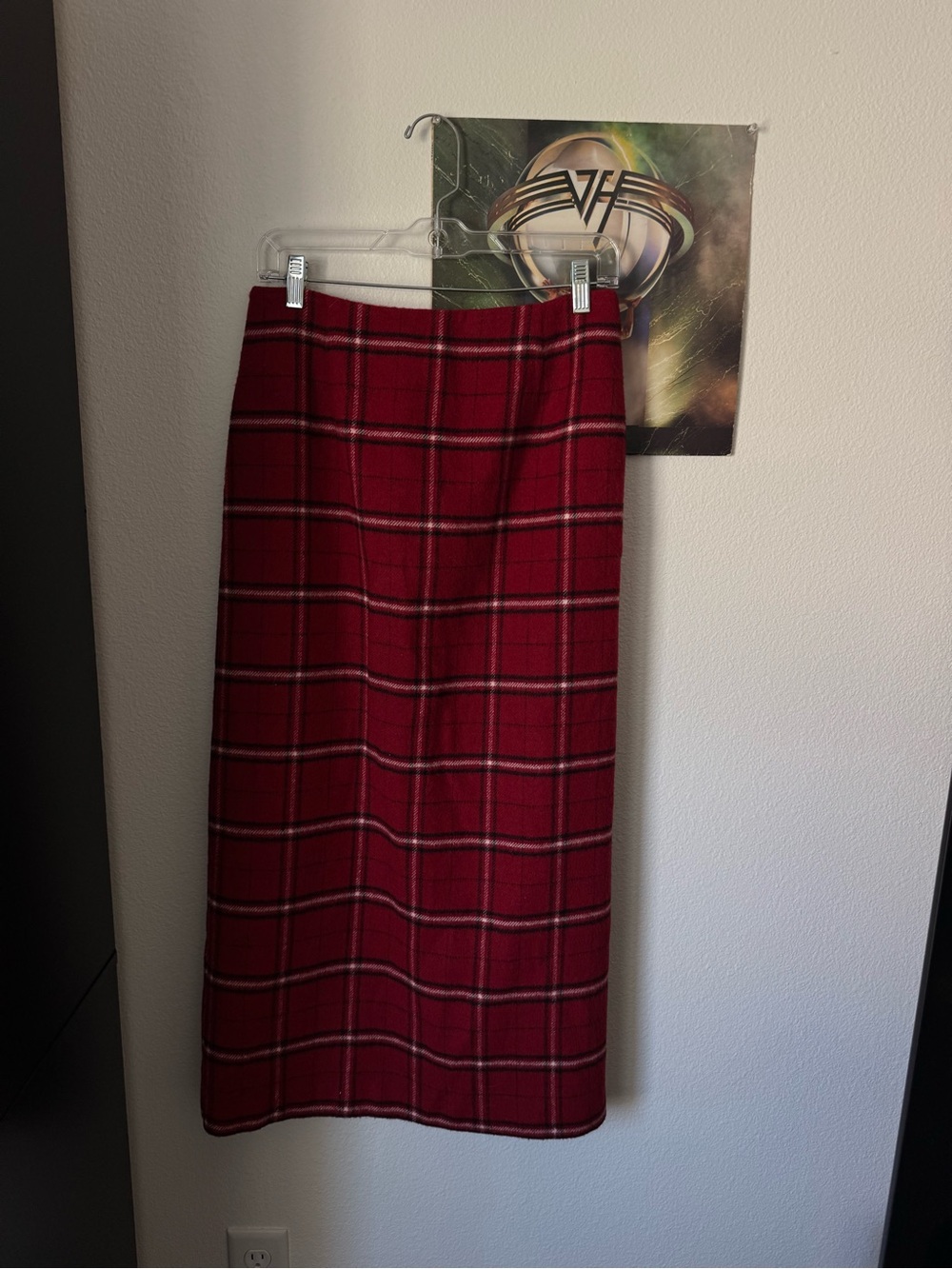 Vintage Wool Plaid Midi Skirt - Red
